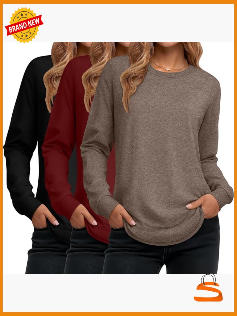 3 Pack Long Sleeve Crew Neck Tunic Tops Curved Hem Pullover